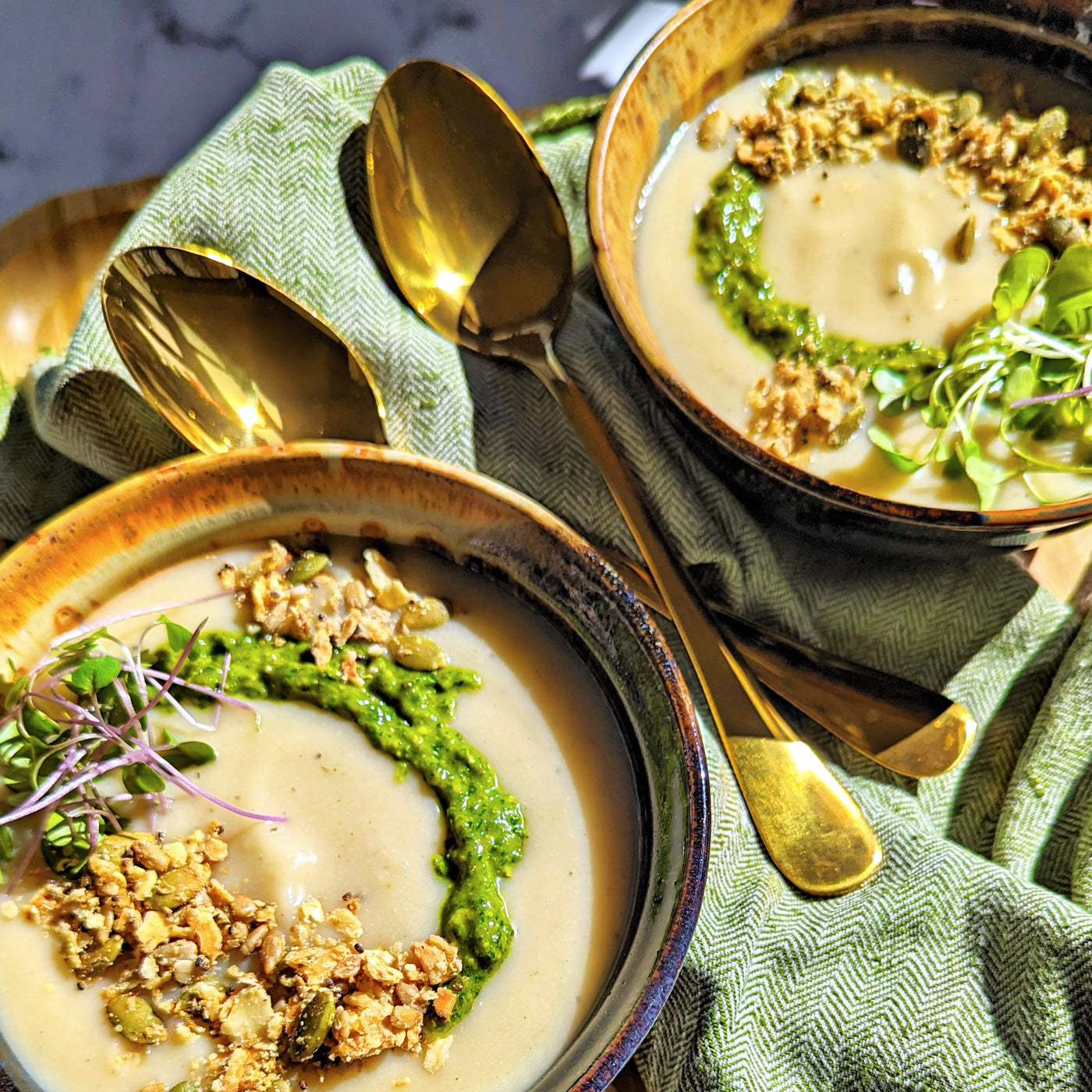 Creamy Vegan Cauliflower Soup With Basil Pesto and Savory Granola