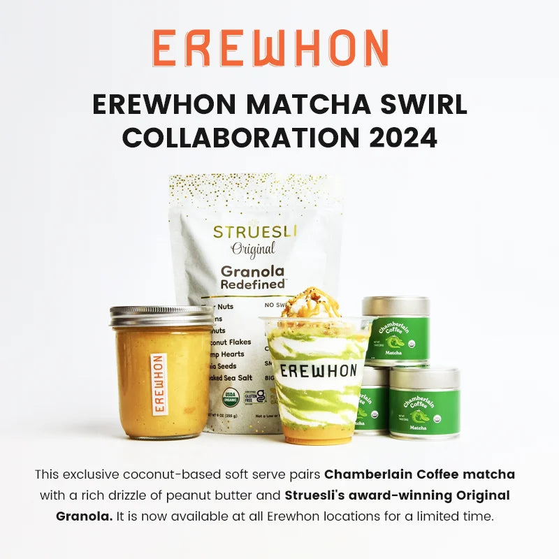 The Chamberlain Coffee Matcha Swirl soft serve collaboration at Erewhon features Struesli Granola Redefined as an exclusive superfood topper.