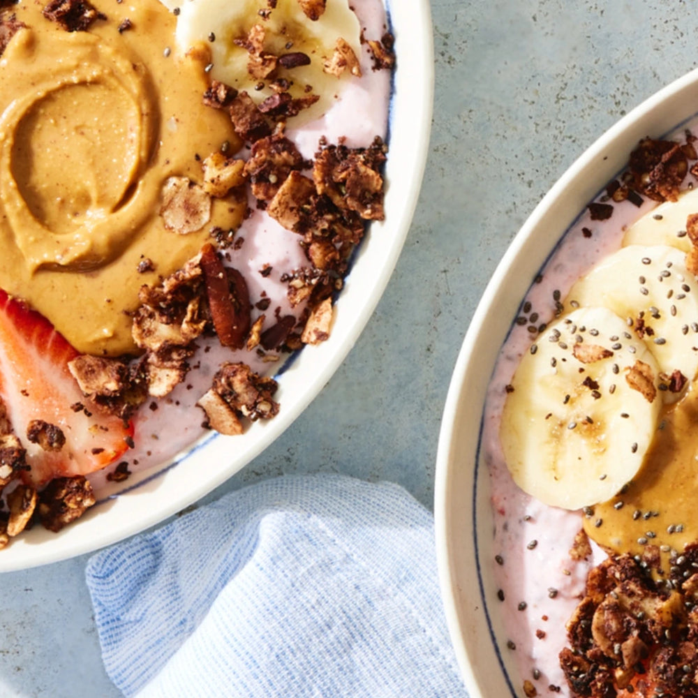 Struesli Cacao+ Coffee Yogurt Bowls With Nut Butter and Fruit