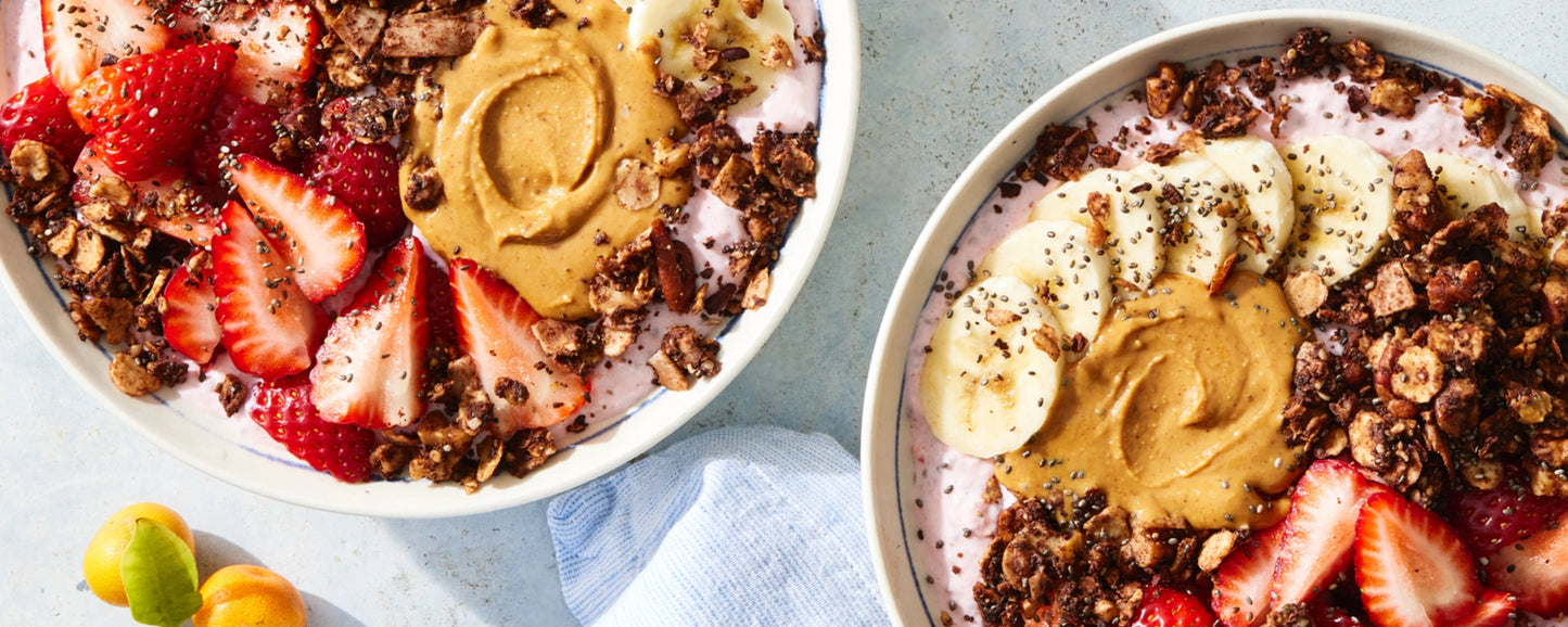 Struesli Cacao+ Coffee Yogurt Bowls With Nut Butter and Fruit