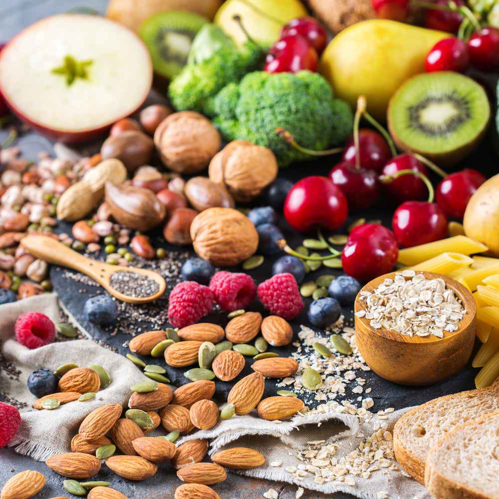 Fiber rich foods including seeds, fruit, berries, vegetables and nuts