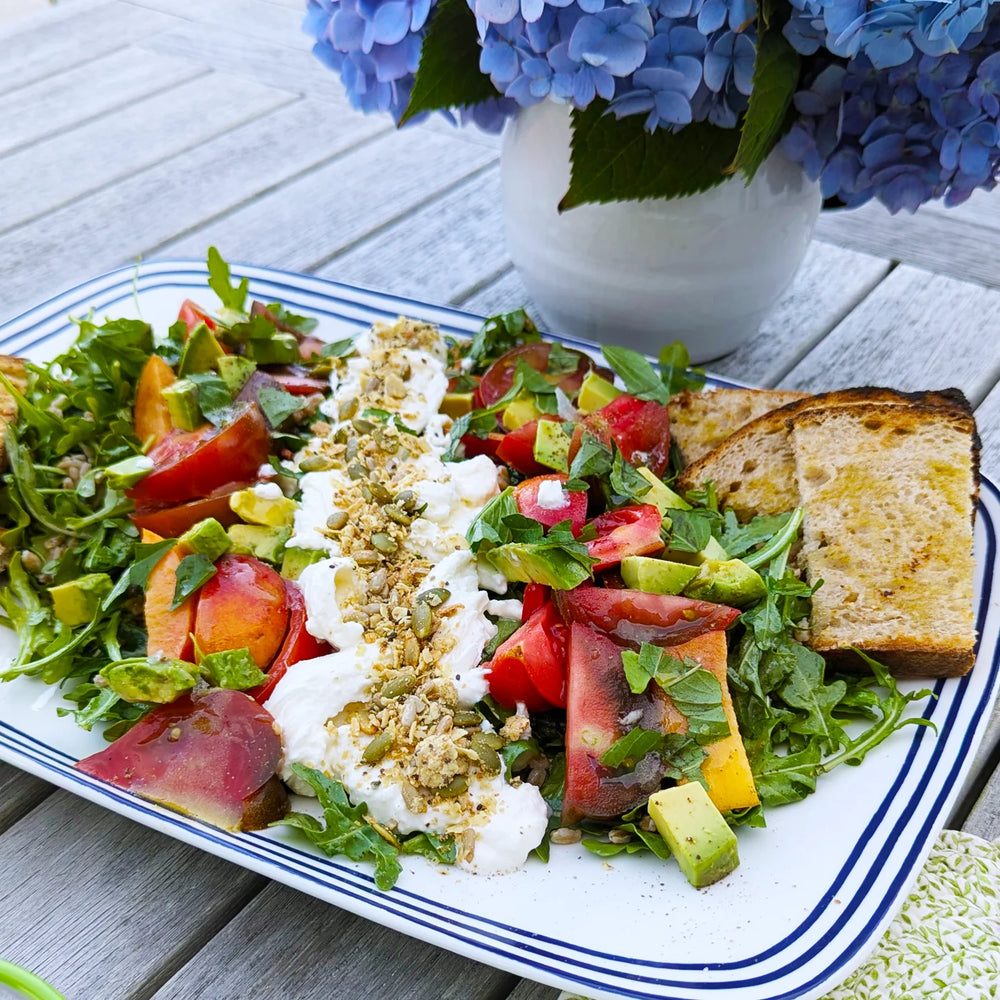 HEIRLOOM TOMATO SALAD WITH FARRO, ARUGULA AND SAVORY GRANOLA