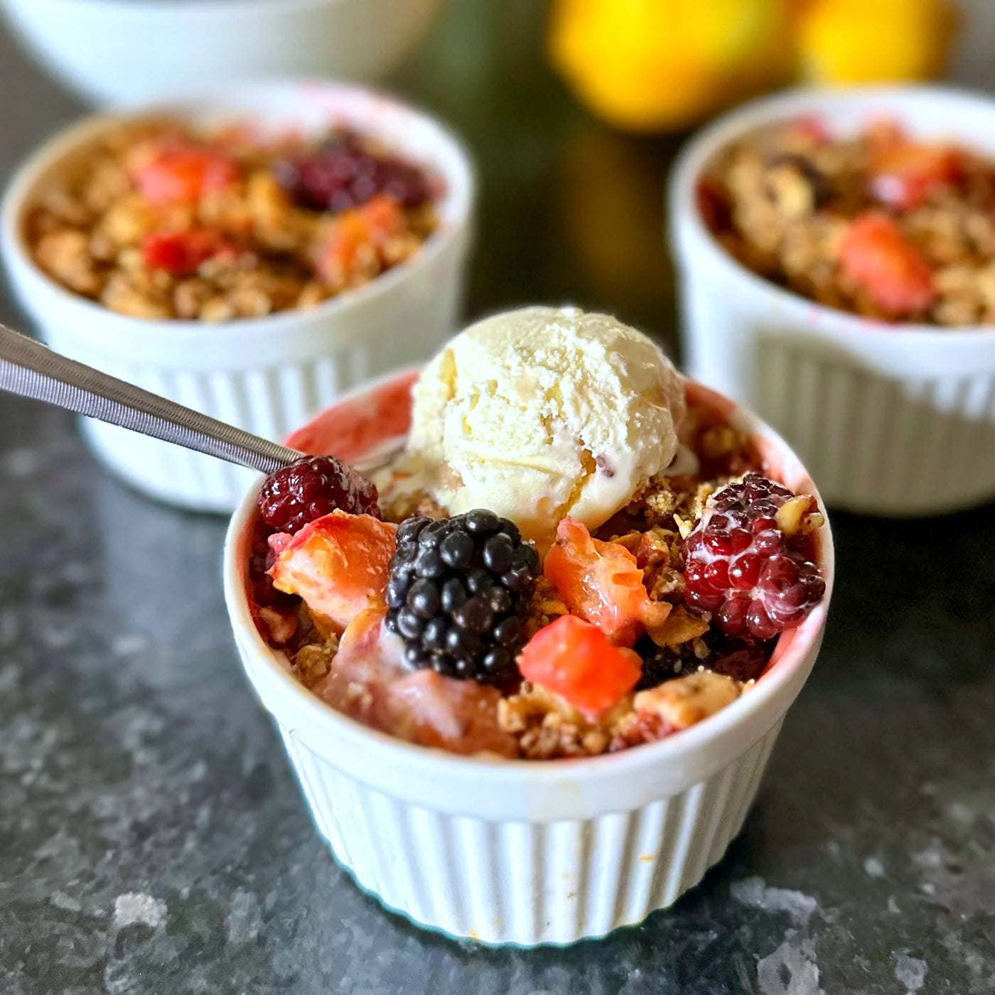 Grain-free Blackberry & Peach Crisp made with Struesli Original Granola.