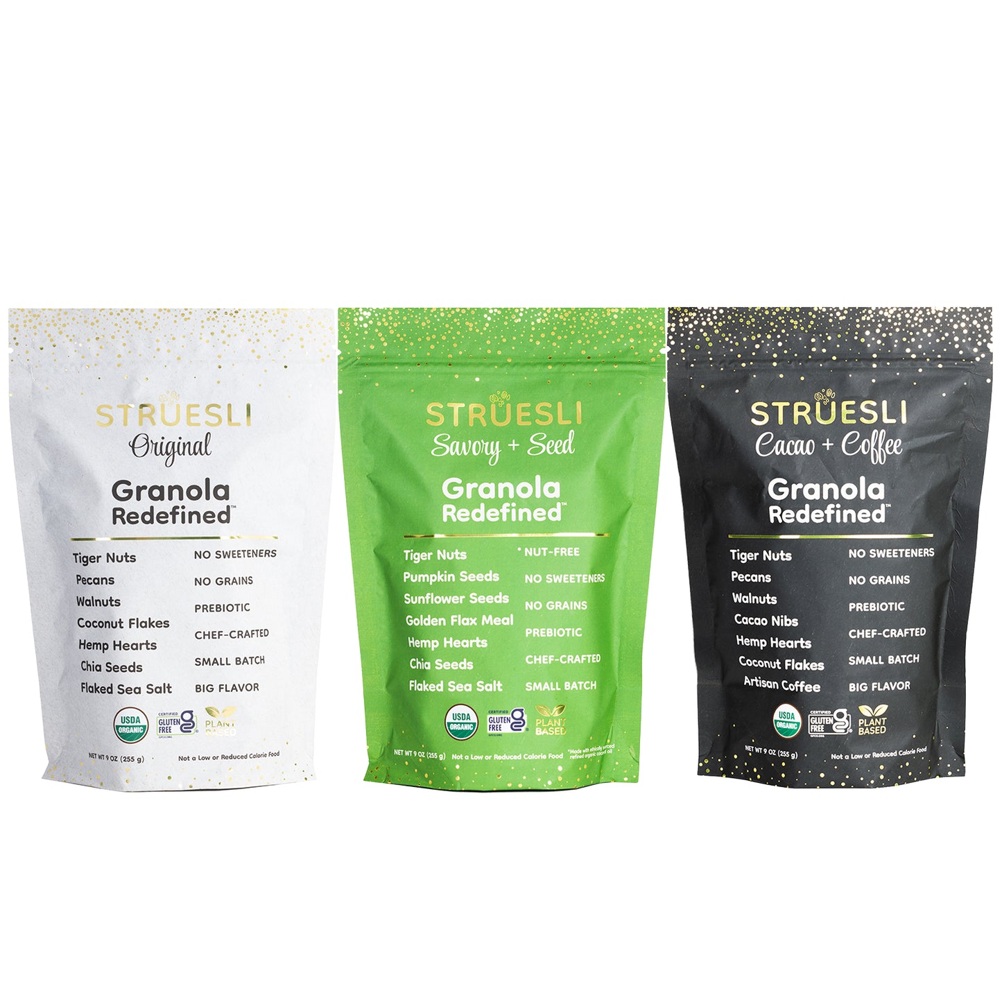 Packages of Struesli Origina, Savory + Seed, and Cacao + Coffee